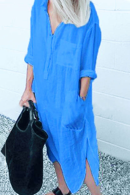 Vestido camisero de cuello vuelto liso de moda urbana (6 colores)