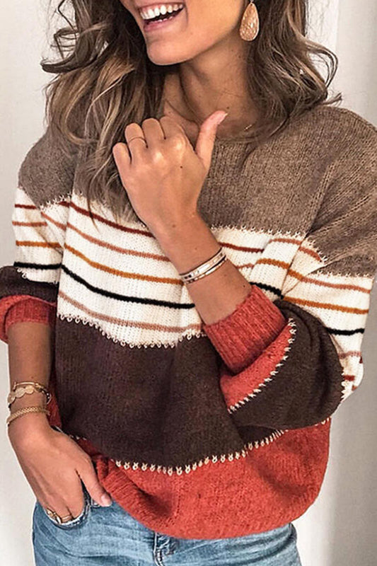Suéteres de cuello redondo con patchwork a rayas de moda urbana