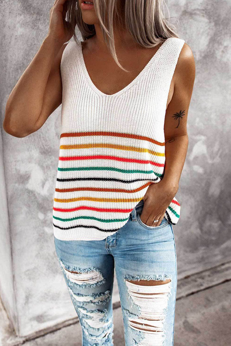 Tops casuales de rayas con cuello en V y abertura en la articulación (4 colores)