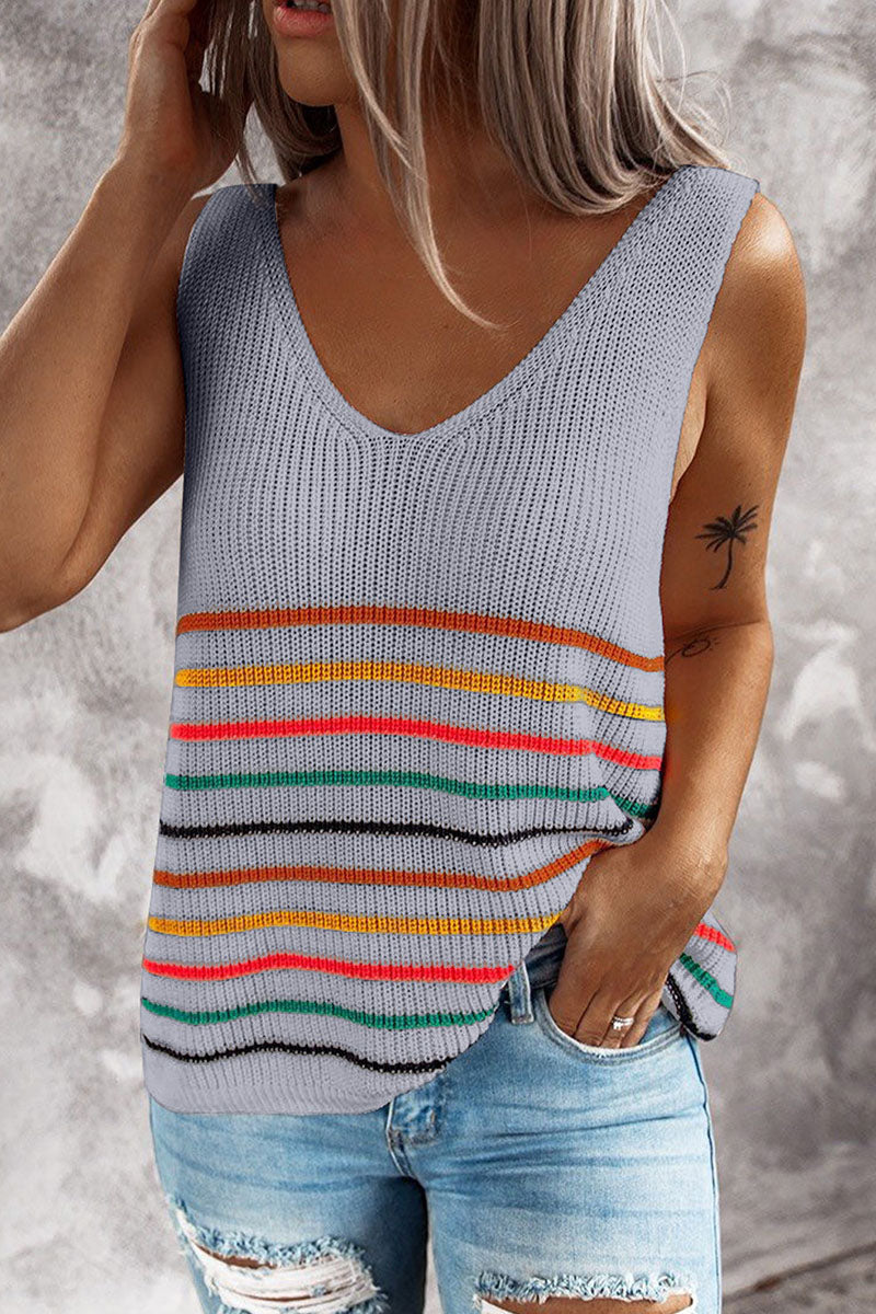 Tops casuales de rayas con cuello en V y abertura en la articulación (4 colores)
