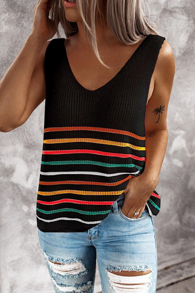Tops casuales de rayas con cuello en V y abertura en la articulación (4 colores)