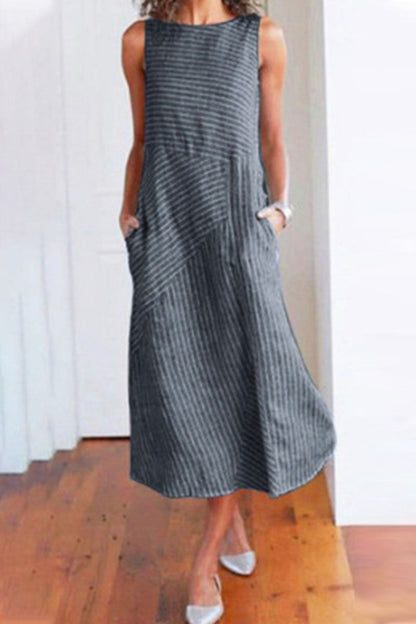 Vestidos de moda de calle con rayas y patchwork, cuello redondo, sin mangas (6 colores)