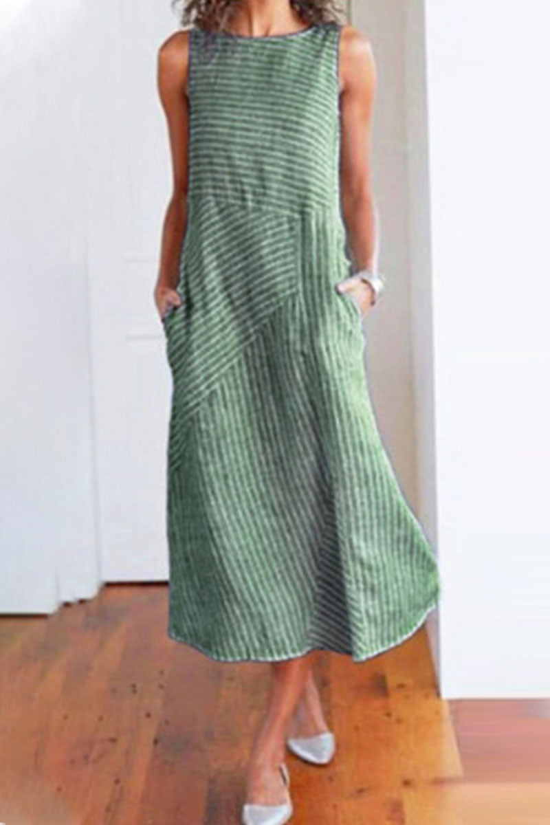 Vestidos de moda de calle con rayas y patchwork, cuello redondo, sin mangas (6 colores)