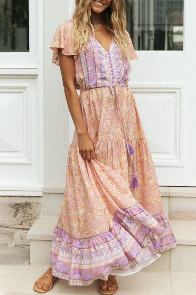 Vestidos estampados de moda con cuello en V y patchwork para vacaciones