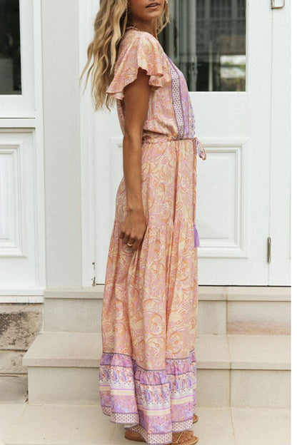Vestidos estampados de moda con cuello en V y patchwork para vacaciones