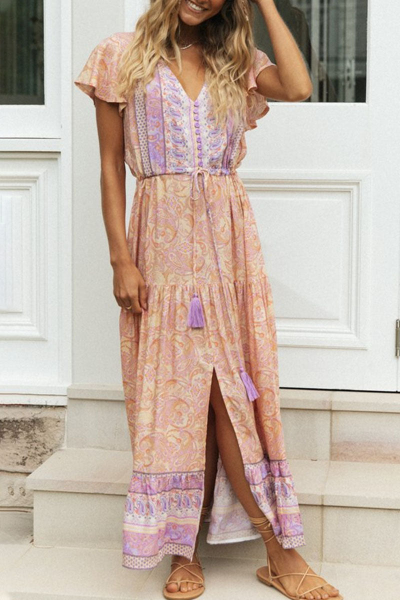 Vestidos estampados de moda con cuello en V y patchwork para vacaciones
