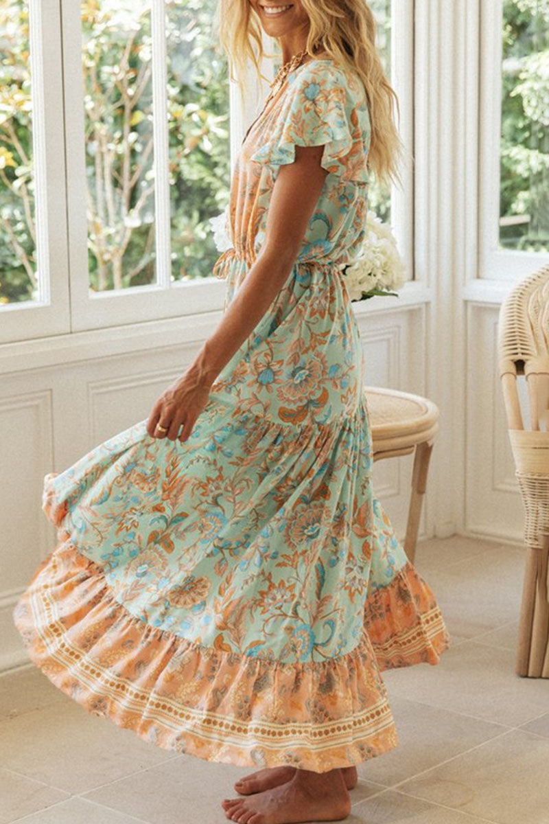 Vestidos estampados de moda con cuello en V y patchwork para vacaciones