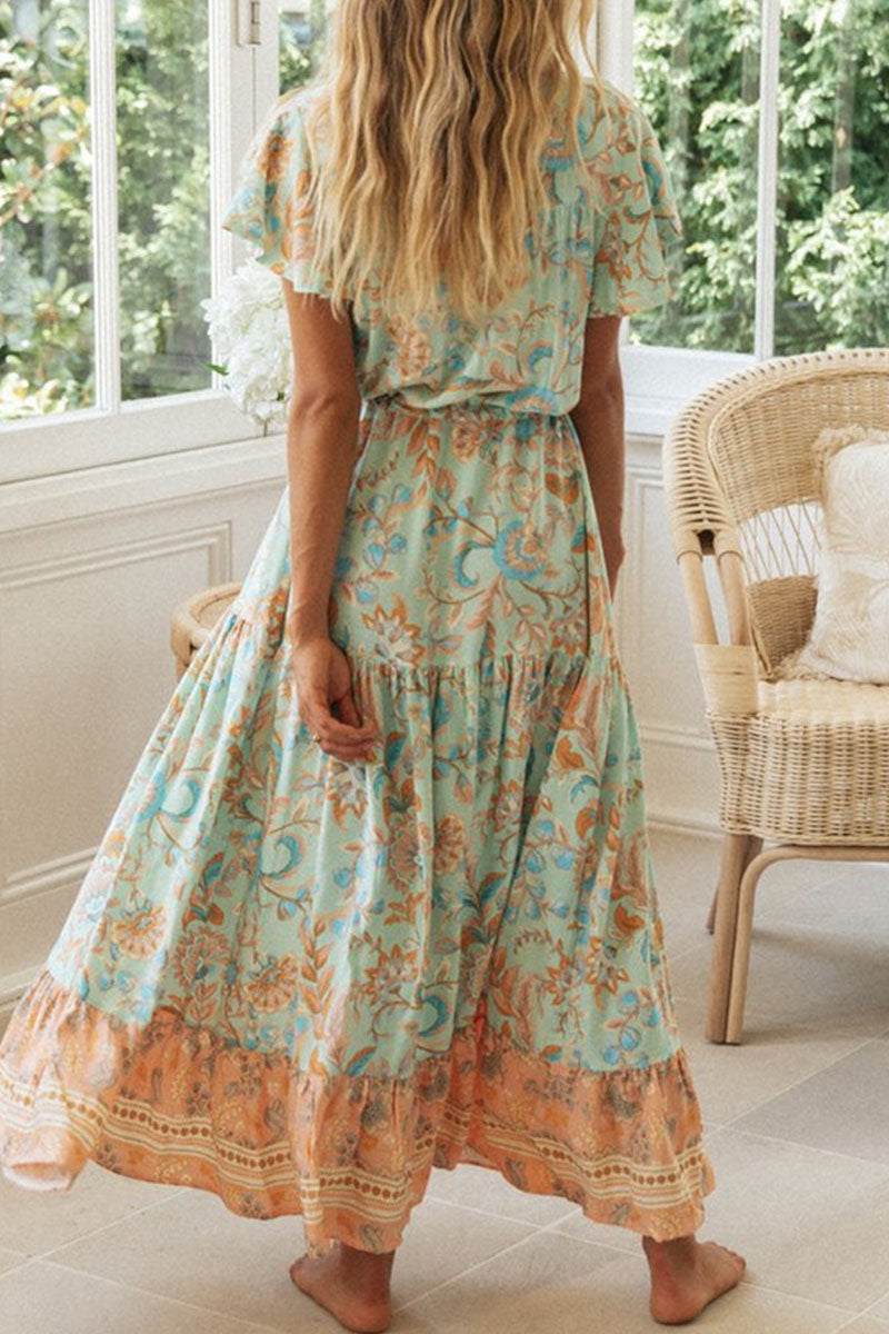 Vestidos estampados de moda con cuello en V y patchwork para vacaciones