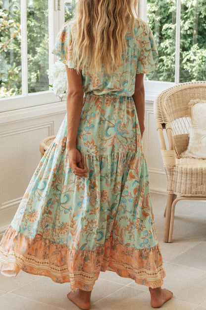 Vestidos estampados de moda con cuello en V y patchwork para vacaciones