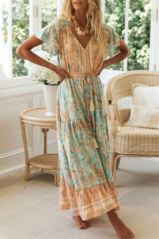 Vestidos estampados de moda con cuello en V y patchwork para vacaciones