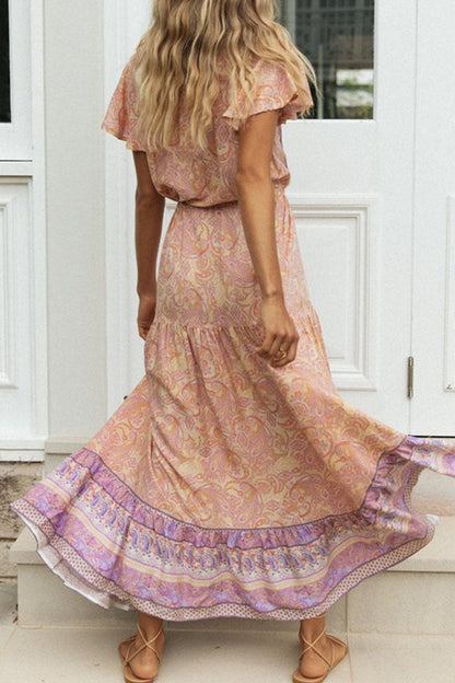 Vestidos estampados de moda con cuello en V y patchwork para vacaciones