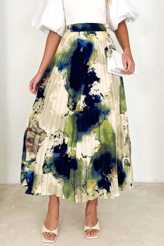 Elegante pantalón tipo A de cintura alta plisado con estampado de cambio gradual y estampado completo