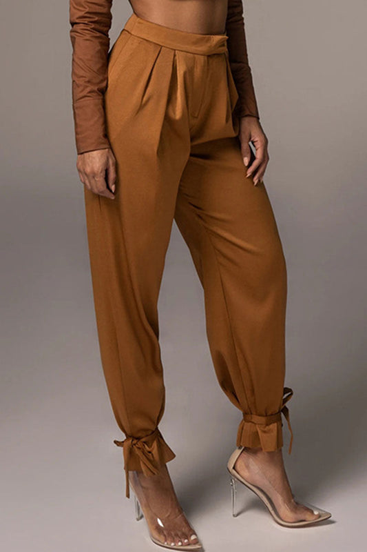 Pantalones de tubo de cintura media holgados con frenillo liso sexy a la moda