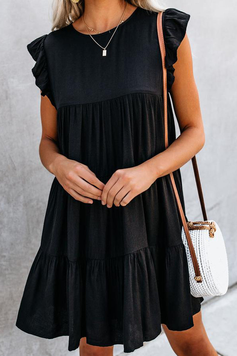 Vestidos de princesa con cuello redondo y volantes de patchwork liso de estilo británico a la moda