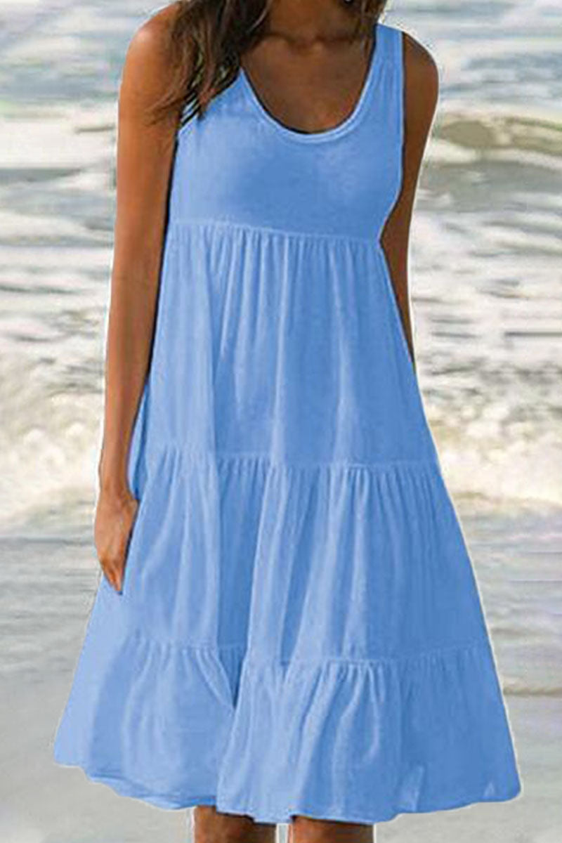 Vestidos de moda con falda pastel, cuello redondo y patchwork liso (6 colores)