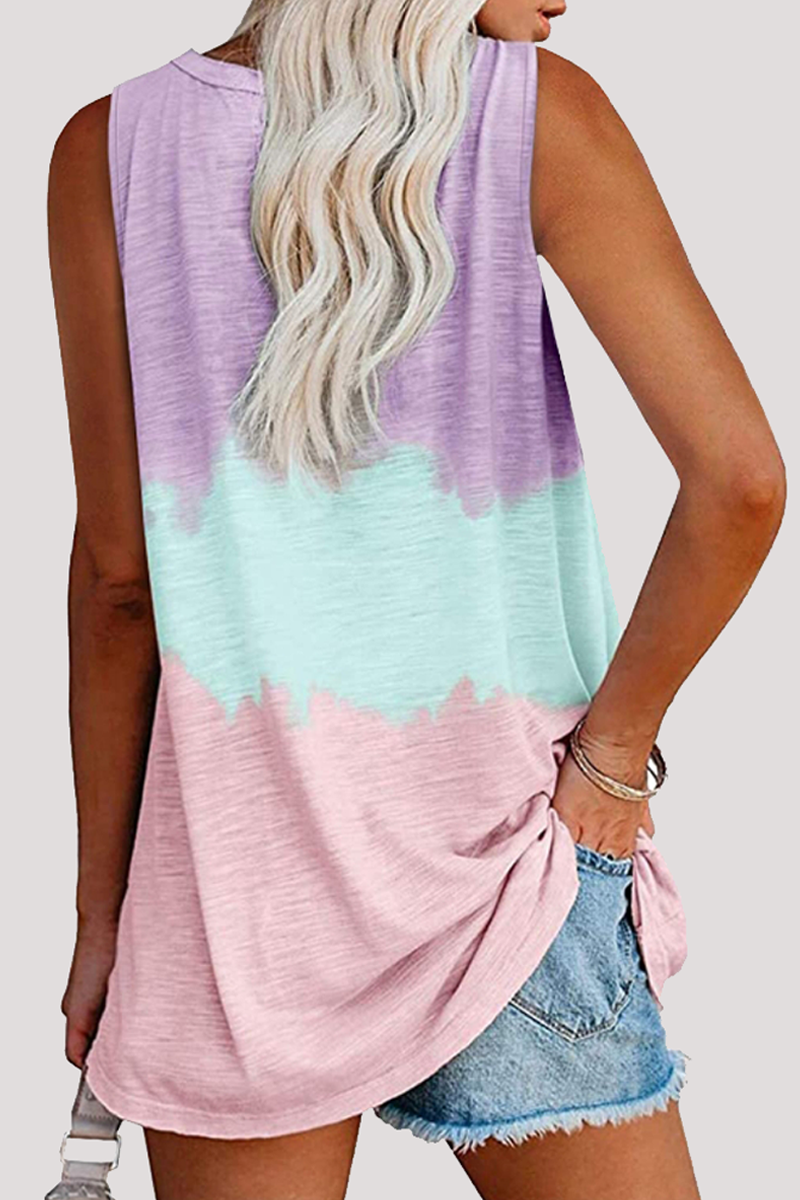 Camisetas casuales de patchwork con efecto tie-dye, bolsillo y cuello en V