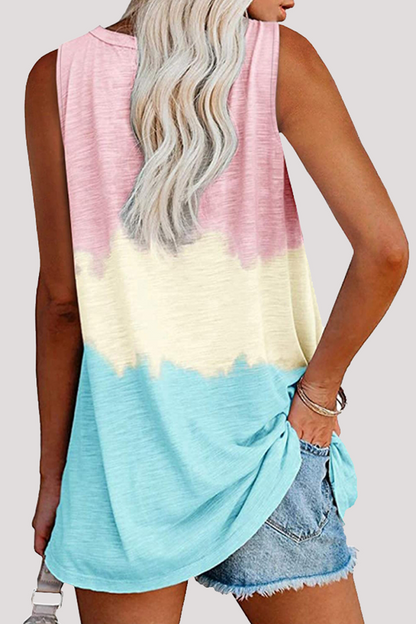 Camisetas casuales de patchwork con efecto tie-dye, bolsillo y cuello en V