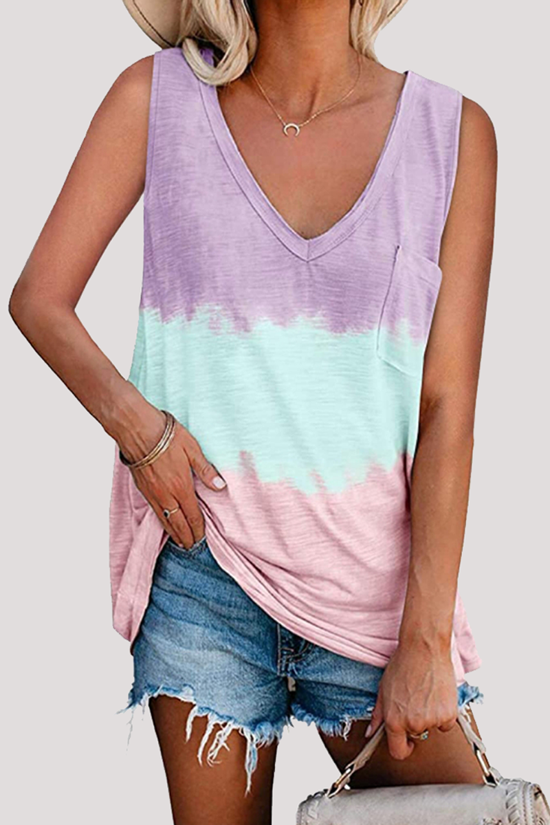 Camisetas casuales de patchwork con efecto tie-dye, bolsillo y cuello en V