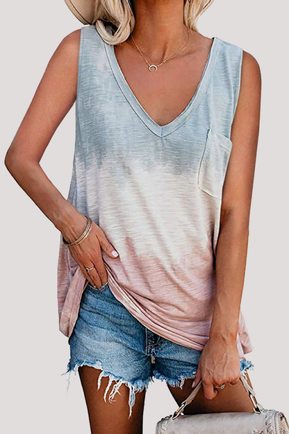 Camisetas casuales de patchwork con efecto tie-dye, bolsillo y cuello en V