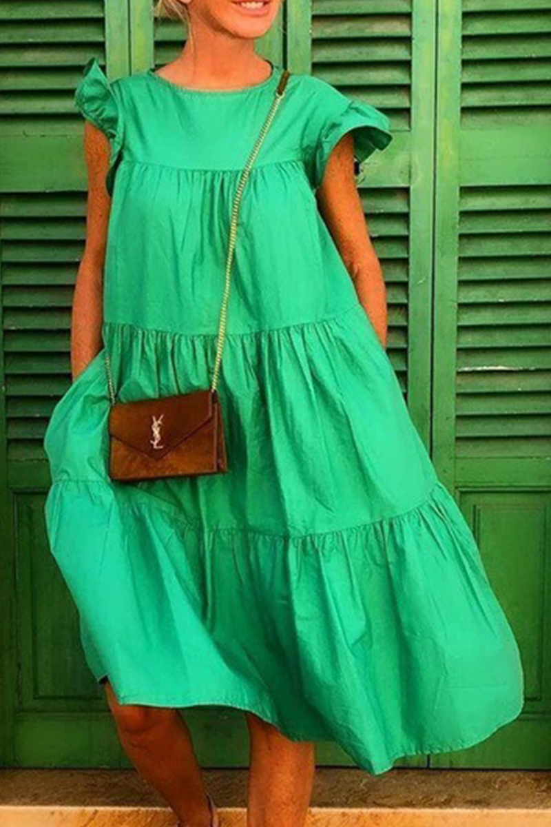 Vestidos casuales de patchwork lisos básicos con cuello redondo y falda pastel