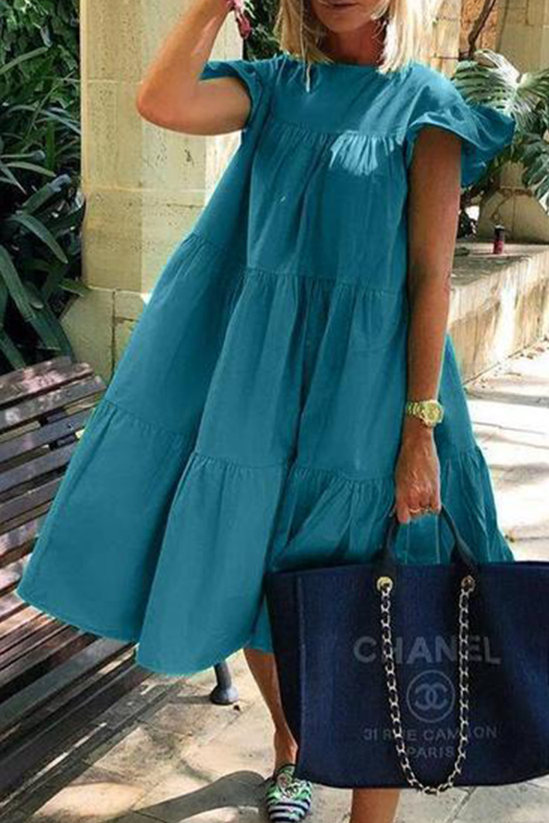 Vestidos casuales de patchwork lisos básicos con cuello redondo y falda pastel