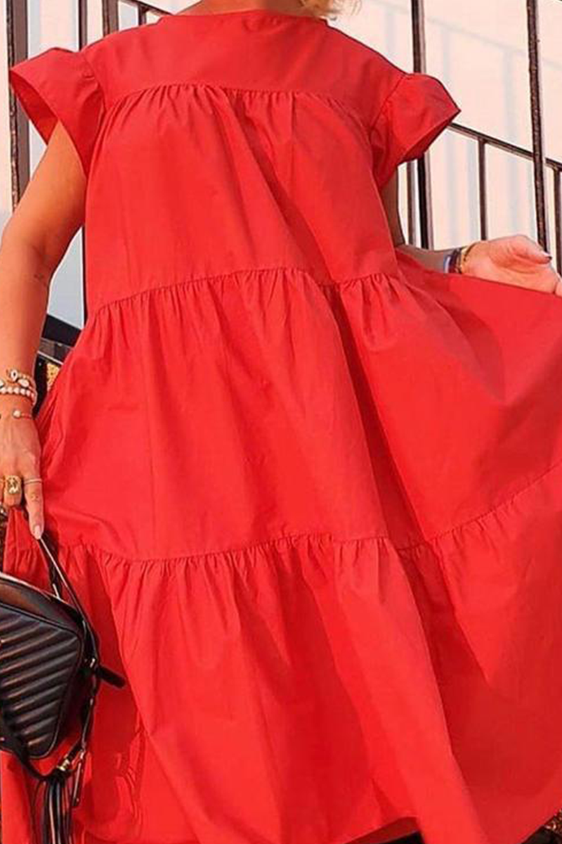Vestidos casuales de patchwork lisos básicos con cuello redondo y falda pastel