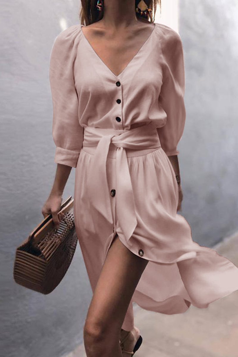 Elegante vestido de corte A con escote en V y hebilla sólida con cinturón (4 colores)