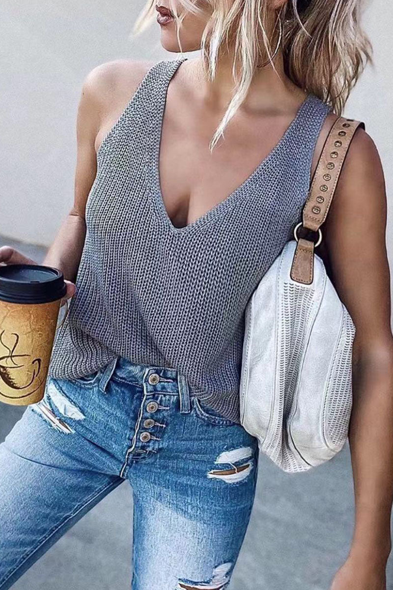 Tops casuales de cuello en V liso