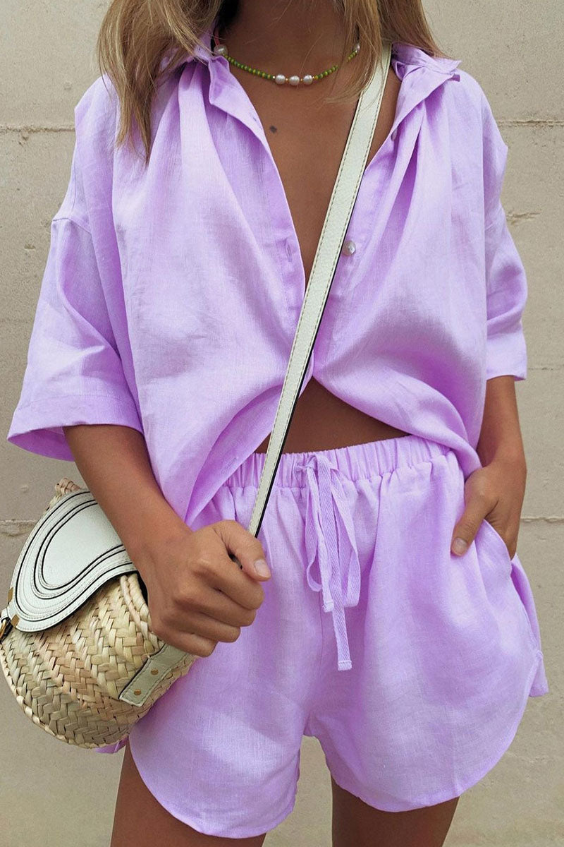 Conjunto de dos piezas de moda informal con cuello vuelto, manga corta y parches sólidos