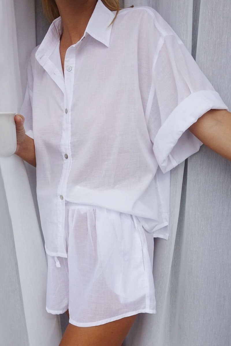 Conjunto de dos piezas de moda informal con cuello vuelto, manga corta y parches sólidos