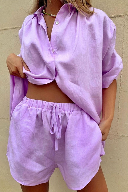 Conjunto de dos piezas de moda informal con cuello vuelto, manga corta y parches sólidos