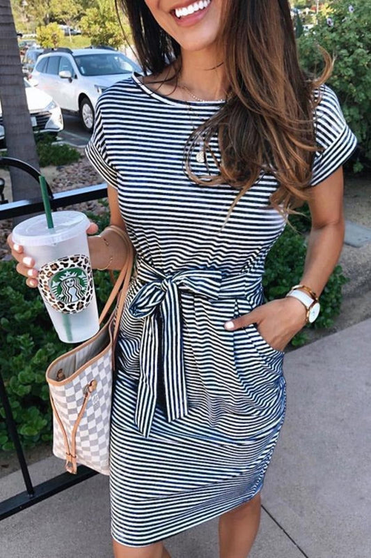 Cap Sleeve Short Sleeves O neck A-Line Knee-Length Striped Patchwork Dresses(3 Colors)