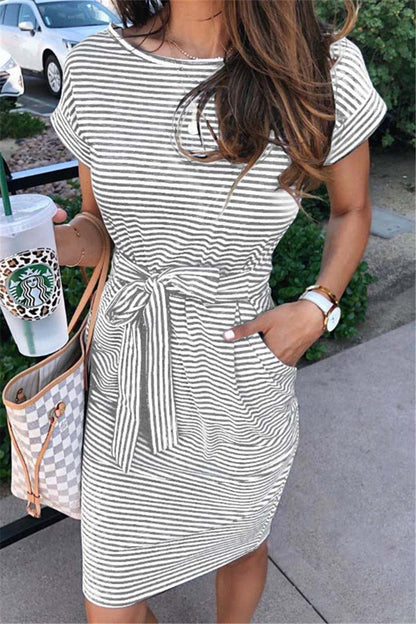 Vestidos de patchwork a rayas, con mangas cortas, cuello redondo, corte A y largo hasta la rodilla (3 colores)