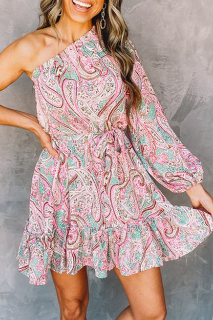 Vestidos elegantes de moda con estampado de abertura en la parte superior y un hombro en forma de A