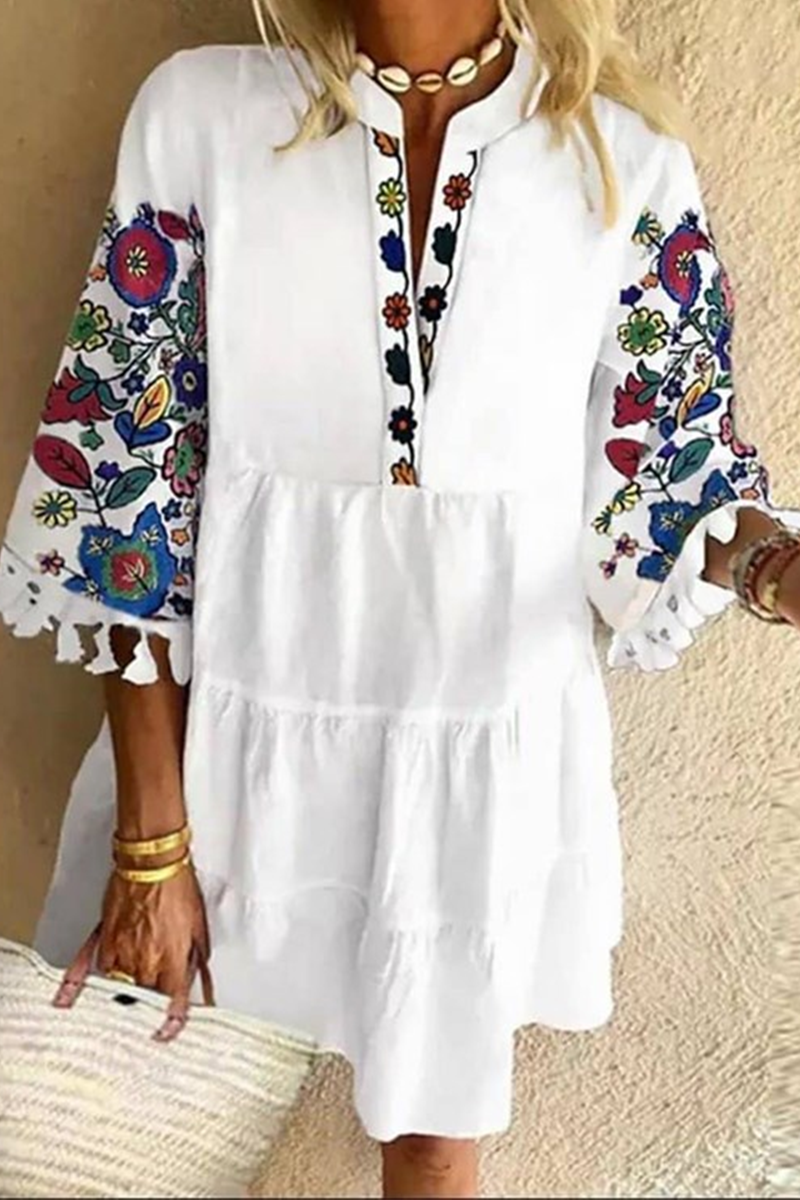 Vestidos casuales con falda pastel, cuello en V, patchwork, con borlas florales