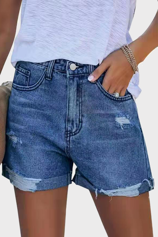 Pantalones cortos vaqueros rectos de cintura media con rotos y diseño de calle (3 colores)