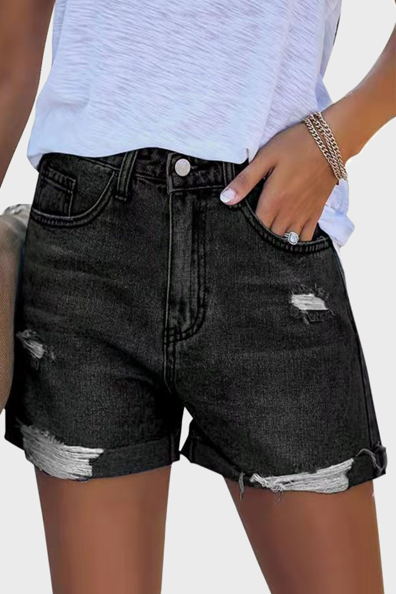Pantalones cortos vaqueros rectos de cintura media con rotos y diseño de calle (3 colores)