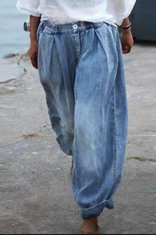 Pantalones casuales de color liso con parches, holgados, de pierna ancha y doblados