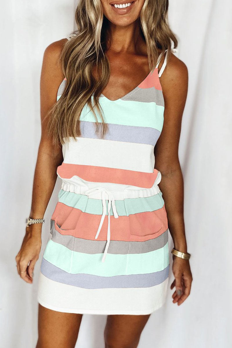 Vestidos casuales de moda con rayas y patchwork, cuello en V, corte A (11 colores)
