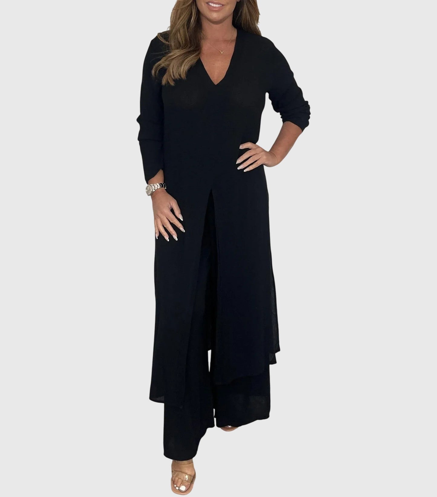 Pearl | Women's Duster Cardigan Two-Piece Set Wide Leg Pants
