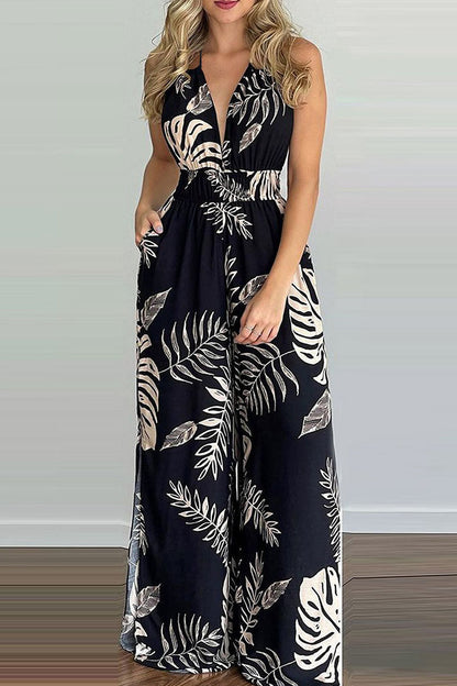 Mono holgado con escote en V y espalda descubierta con estampado de simplicidad de moda