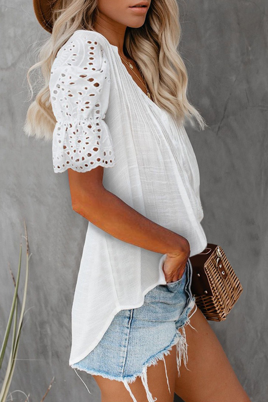 Elegante blusa con cuello en V y patchwork ahuecado de color sólido (6 colores)