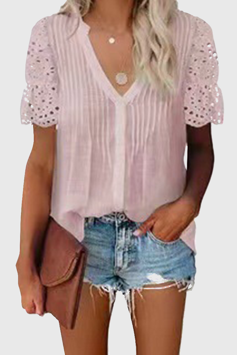 Elegante blusa de cuello en V con patchwork ahuecado y liso