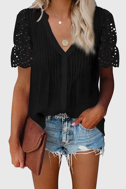 Elegante blusa de cuello en V con patchwork ahuecado y liso