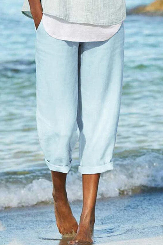 Pantalones casuales de moda con bolsillos sólidos y pierna ancha y sueltos