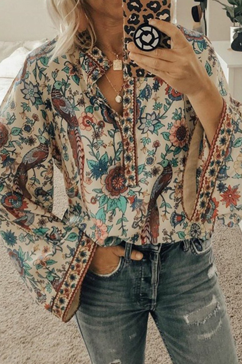 Blusas de cuello mandarín con botones y patchwork con estampado urbano (9 colores)