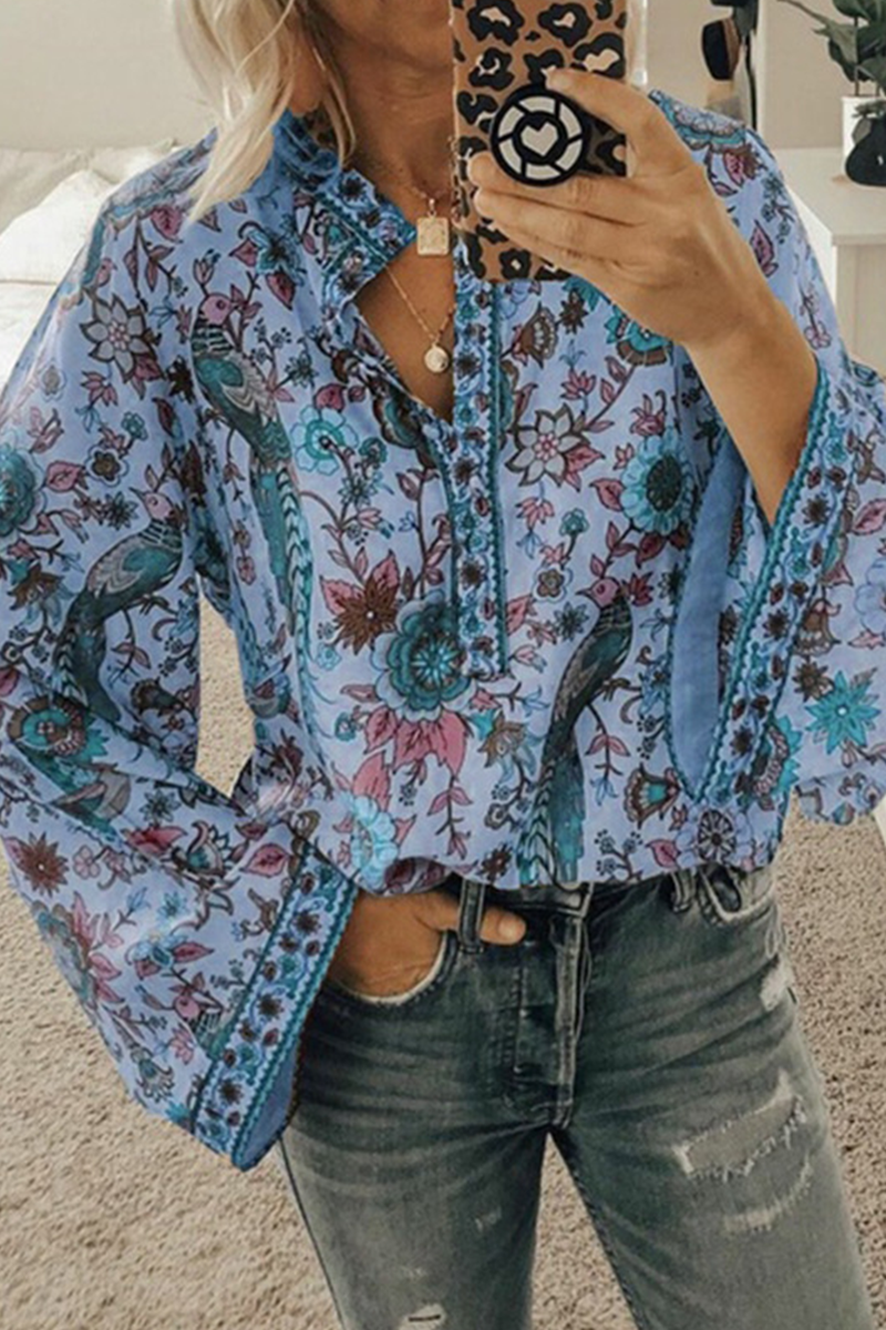 Blusas de cuello mandarín con botones y patchwork con estampado urbano (9 colores)
