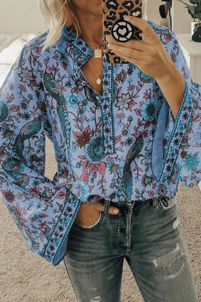 Blusas de cuello mandarín con botones y patchwork con estampado urbano (9 colores)