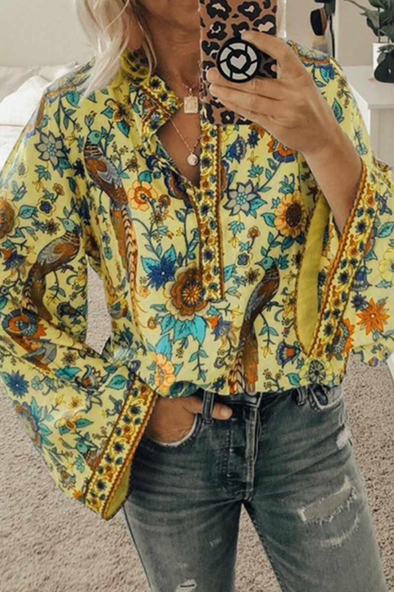 Blusas de cuello mandarín con botones y patchwork con estampado urbano (9 colores)