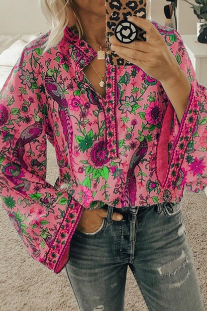 Blusas de cuello mandarín con botones y patchwork con estampado urbano (9 colores)